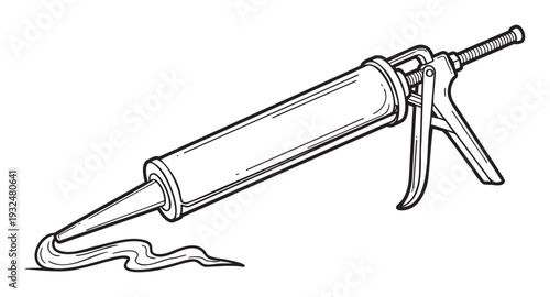 Caulk gun dispensing white sealant for various home repair and construction projects, perfect for hardware store advertisements and building material promotions