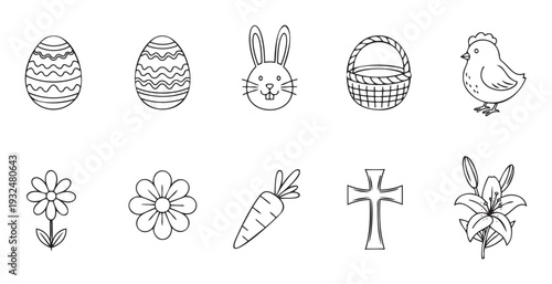 A charming collection of spring and Easter themed line drawings featuring eggs, a bunny, basket, chick, flowers, carrot, and cross for various holiday celebration projects