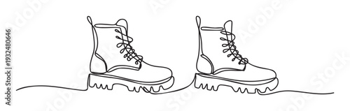 A continuous line drawing of two rugged combat boots with thick soles, perfect for apparel brand advertising, footwear catalogs, or a trendy graphic for blogs and social media content.