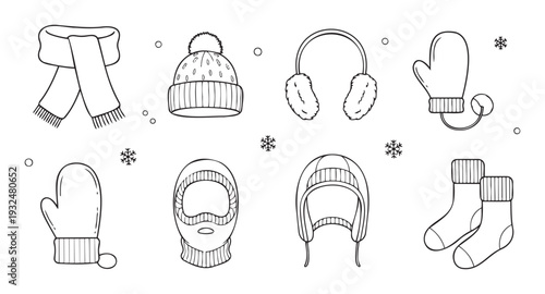 Collection of essential winter clothing items featuring warm hats, cozy scarves, protective mittens, comfortable earmuffs, and soft socks for cold weather protection.