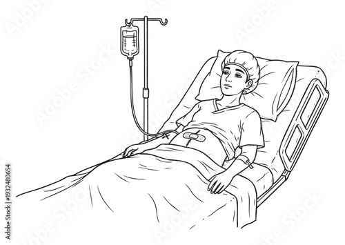 Medical patient resting in hospital bed with intravenous drip and postoperative abdominal bandage, perfect for illustrating health recovery and surgical care concepts.