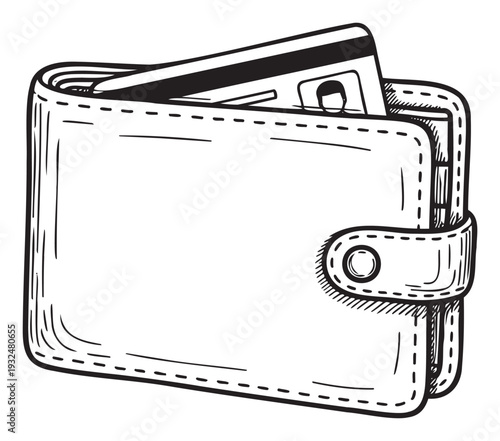 Hand drawn outline sketch of a leather wallet with a payment credit card inside, symbolizing finance management and secure transactions for various business and personal money projects.