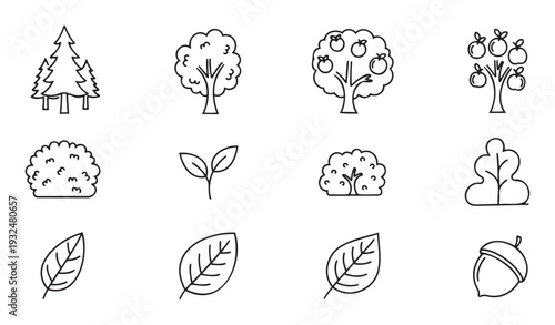 Collection of linear outline nature icons featuring various trees, bushes, leaves, and an acorn, perfect for environmental themes, educational materials, or nature related applications.
