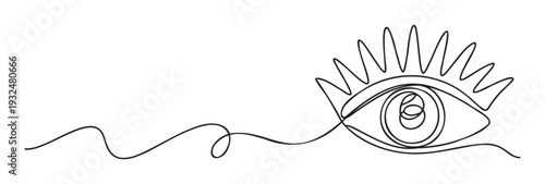 Minimalist continuous line drawing of an eye with sun ray eyelashes symbolizing spiritual vision and intuition, perfect for modern branding, wellness product packaging, and abstract wall