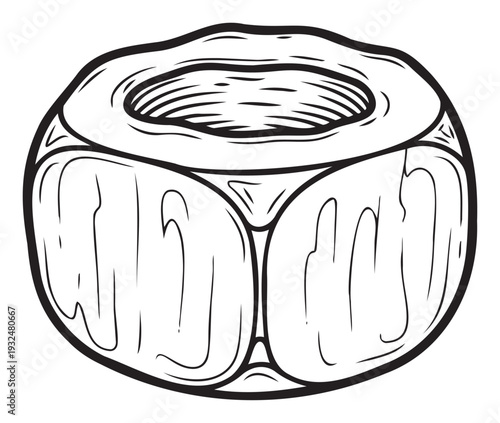 Durable hexagonal fastener with internal screw threads designed for robust mechanical connections and assembly tasks, perfect for technical manuals or product packaging graphics.