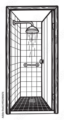 Perspective line drawing of a shower stall interior with a functional showerhead spraying water, safety grab handle, and tiled floor, perfect for plumbing system diagrams and bathroom