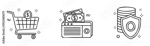 Financial transaction and security line icons illustrating money management, ecommerce processes, and investment protection for modern banking and retail user interfaces and business