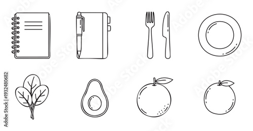 Line drawing icons of common objects including a spiral notebook, planner with a pen, fork and knife, plate, spinach leaves, avocado, and oranges for various digital and print media