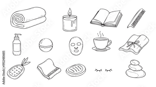 A collection of hand drawn spa and wellness items for relaxation and self care, perfect for health blogs, marketing materials, and product packaging