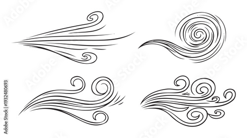 Dynamic wind flow lines and abstract air current swirl shapes for motion graphics, weather forecasts, or atmospheric condition visual effects, adding energy to various digital projects