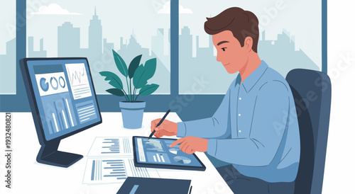 Business man working on laptop and tablet, vector illustration of data analysis and productivity in modern office