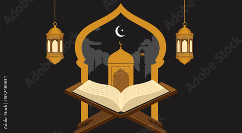 Vector illustration of an open book with Islamic mosque and lanterns, Ramadan Kareem concept