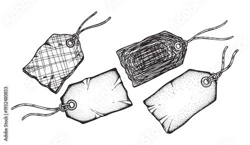 Handdrawn collection of distressed vintage retail tags with textured surfaces and strings, perfect for adding an authentic oldfashioned touch to branding or sales promotions