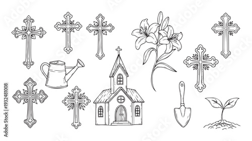 Various spiritual elements like decorative crosses, a classic church, blooming lilies, and gardening items representing faith and growth for religious projects