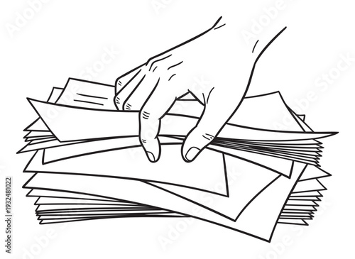 Line drawing of a human hand picking up or placing papers in a messy stack of documents, representing workload, bureaucracy, or information management for business and education concepts