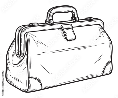 A vintage style line drawing of a classic medical bag, also known as a doctor bag, suitable for healthcare history themes, educational resources, or traditional professional branding.