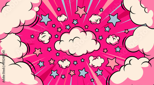 Comic book halftone sky background with pop art bursting clouds, vector illustration. Dynamic cartoon sky explosion with radiation graphic effect, super hero retro banner, speed motion of pink stars