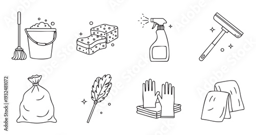 Collection of essential household cleaning tools and equipment for everyday tidiness and sanitation tasks, perfect for informational graphics or service advertisements.