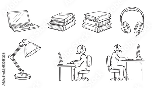 Commercial collection of handdrawn remote work and study essentials like a laptop, books, headphones, desk lamp, and headsetwearing individuals at computers for business or learning
