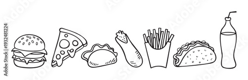 Hand drawn black and white fast food items including a hamburger, pizza slice, hot dog, tacos, french fries, and a soda bottle perfect for restaurant menus or food service promotion.
