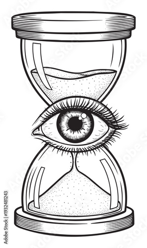 Detailed black and white hourglass featuring a central eye, depicting the continuous flow of time and introspection, perfect for symbolic visual metaphors and conceptual projects.