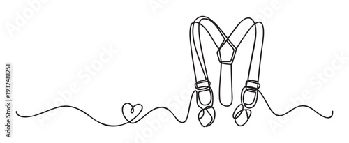 Continuous line drawing of suspenders elegantly combined with a heart shape, symbolizing love and connection, perfect for romantic event branding or apparel designs.