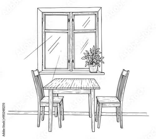 Cozy interior sketch featuring a wooden table and two chairs positioned near a multipane window with a potted plant on the sill, perfect for home decor, lifestyle, or cafe dining scene