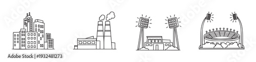 Collection of hand drawn line icons depicting city buildings, industrial factory, and stadium with floodlights, suitable for business presentations and informational graphics.