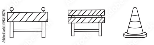 Collection of essential road safety and construction icons featuring barricades and a traffic cone perfect for infrastructure project warnings or public works awareness materials