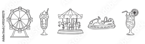 Amusement park attractions featuring a Ferris wheel, carousel, bumper car, milkshake, and cocktail, ideal for summer event promotions, vacation themes, or playful graphic projects.