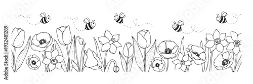 Charming line drawing of spring flowers including tulips, poppies, and daffodils with cheerful bees flying above, creating a delightful naturethemed border for seasonal projects, coloring