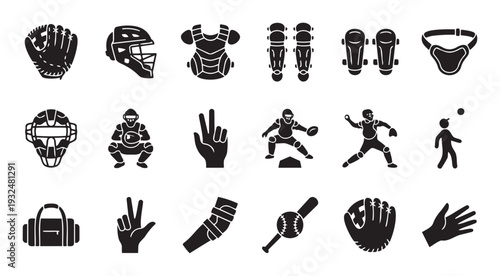 Essential baseball gear and player actions depicted in a comprehensive icon set suitable for sportswear branding, youth league pamphlets, and digital sports applications