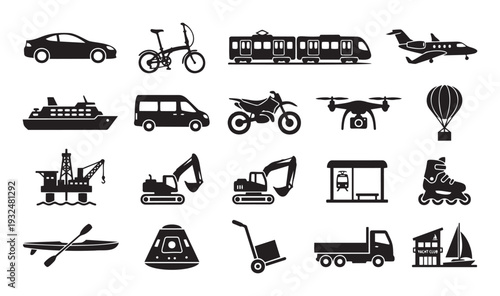 A comprehensive collection of modern transportation and industrial machinery flat silhouette icons perfect for web graphics, mobile applications, and informational presentations