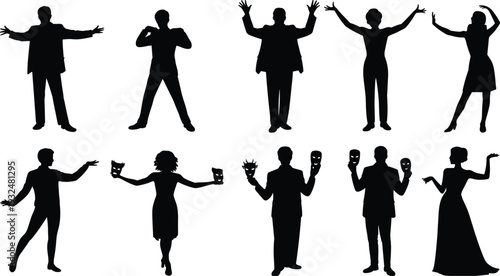 Business people silhouette set performing with theatrical masks, men and women posing isolated on white background, acting concept vector illustration