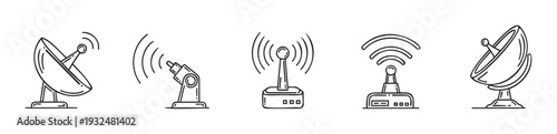 A collection of communication technology icons depicting satellite dishes, WiFi routers, and radar antennas emitting wireless signals, perfect for software interfaces, website graphics, or