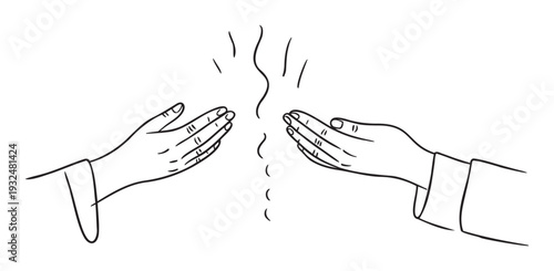 Black and white line drawing of two hands with energy radiating between them, symbolizing healing, spirituality, and connection for wellness and mindful living applications.