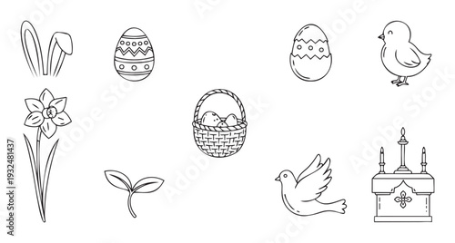 A comprehensive set of Easter and spring symbols featuring bunny ears, decorative eggs, chick, daffodil, egg basket, dove, and altar for holiday greeting cards and seasonal events.