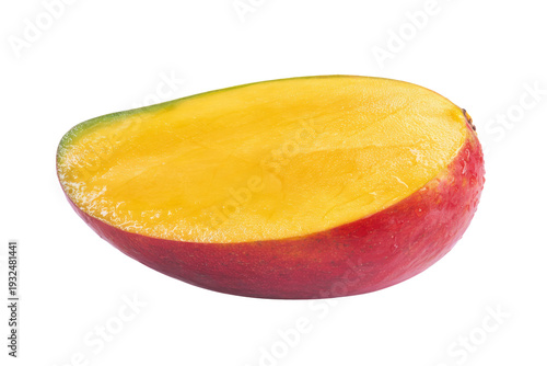 cut mango fruit slice on white background.