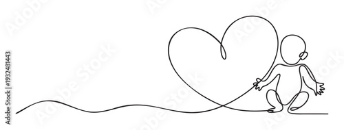 Continuous line drawing of a baby sitting with a heart shape, symbolizing love and family connection, ideal for maternity, childcare, and parenting promotions