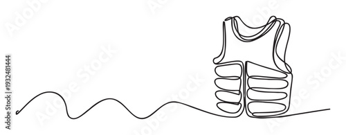 Continuous line drawing of a buoyant life jacket, perfect for illustrating safety, water activities, and emergency preparedness in educational materials, websites, and apparel designs.
