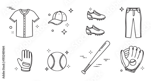 A collection of essential baseball gear and uniform elements including a bat, ball, glove, jersey, and cap for sports marketing materials and athletic graphic design projects