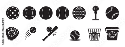 Black silhouette collection of essential sports equipment including baseballs, golf ball, pickleball, bat, glove, and various game elements for athletic event promotions and active