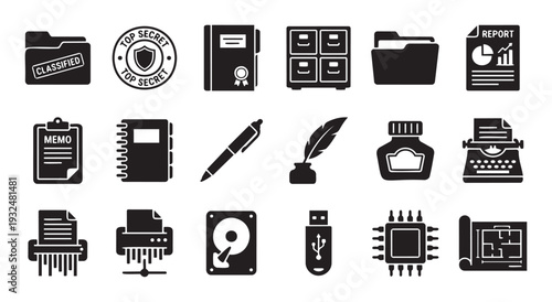 A collection of essential office supplies and data security icons representing confidential information management and technological documentation for various business presentations.