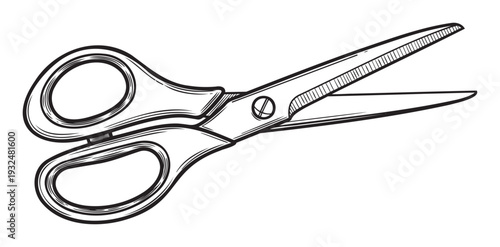 Versatile open scissors in a stark black and white line drawing style useful for various educational stationery supply graphics or craft hobby project visuals