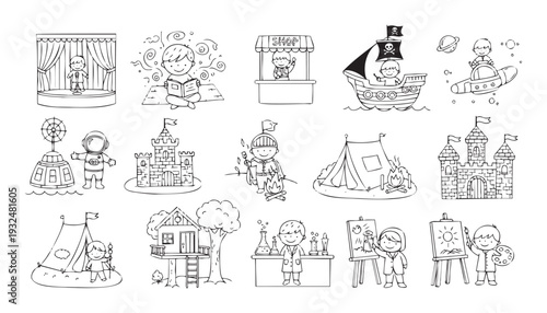 Charming line drawings illustrating boys engaged in imaginative play, diverse professions, and exciting adventures, ideal for childrens educational materials and coloring books.