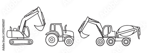 Simple line drawings of heavy construction machinery including an excavator, a tractor, and a concrete mixer for educational materials, coloring pages, or industrial project presentations.