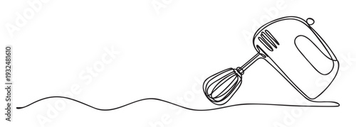 One continuous line drawing of a kitchen hand mixer with a whisk attachment, perfect for cooking websites, baking blogs, food preparation guides, or culinary school branding