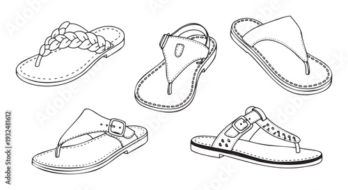 Various black outline hand drawn flip flop and sandal designs for women, suitable for footwear catalogs, summer sales campaigns, or vacationthemed projects.