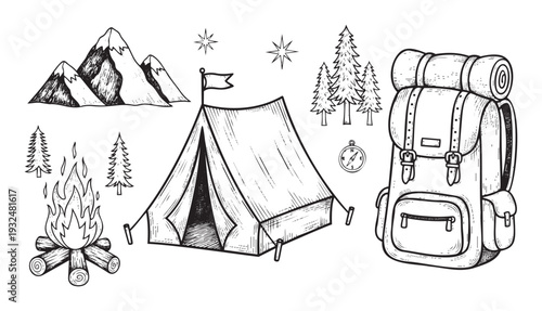 A detailed collection of handdrawn camping and outdoor adventure graphics featuring mountains, a tent, campfire, trees, stars, a compass, and a backpack for wilderness exploration themes