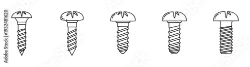Collection of various screw types for building, construction, and repair projects, ideal for engineering diagrams, DIY guides, toolkit labels, and workshop illustrations